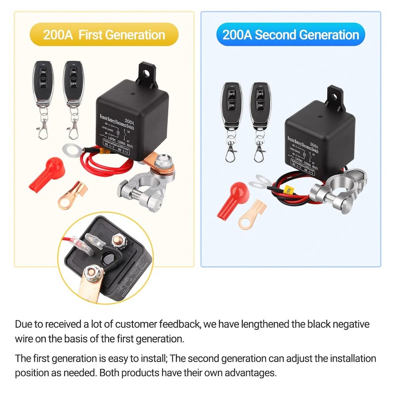 FEITON DC12V 200A Remote Battery Disconnect Switch Kill Switch with Black Negative Wire for Car Truck Anti-Theft Prevent Battery Drain Battery Switch Isolator (360A Starting Current) - Image 1